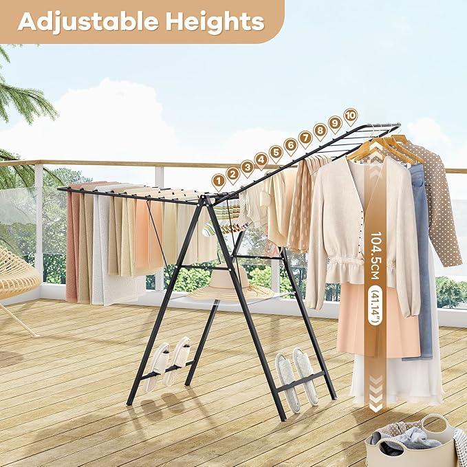 APEXCHASER Foldable Clothes Drying Rack, Metal Laundry Drying Rack Collapsible, Ultra Thin Clothes Rack for Sweater Bra Towel for Indoor & Outdoor Use, Height Adjustable Gullwing Clothes Airer, Black
