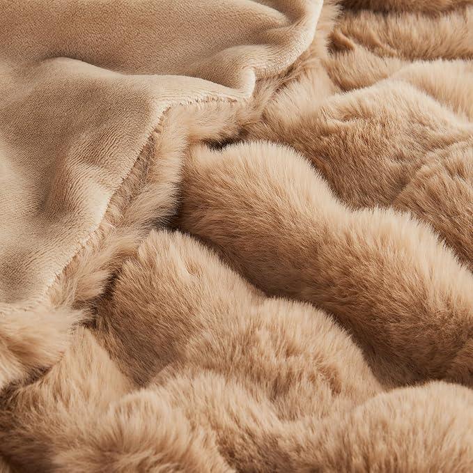 Lotus Karen Queen Size Faux Fur Blanket Khaki - Big Bubble Rabbit Fluff Blanket for Bed, Large Fluffy Fuzzy Cozy Blanket, Thick Furry Plush Shaggy Blankets, 90x90 Inches