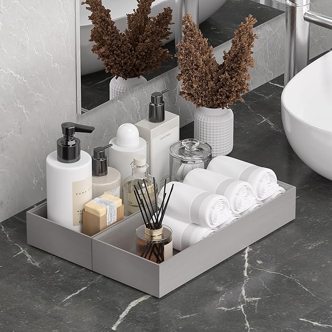 Kitchen Drawer Organizer Bins, Stackable Bamboo Drawer Organizer for Silverware, 2 Pcs Toilet Paper Basket Holder, Wood Bathroom Tray Countertop, Toilet Tank Tray Silver 15