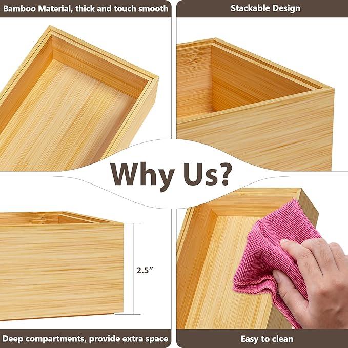 Kitchen Drawer Organizer Bins, Stackable Bamboo Deep Drawer Organizer for Silverware, Utensils, Cutlery, Flatware, Junk Drawer, Dresser, Bathroom, 15