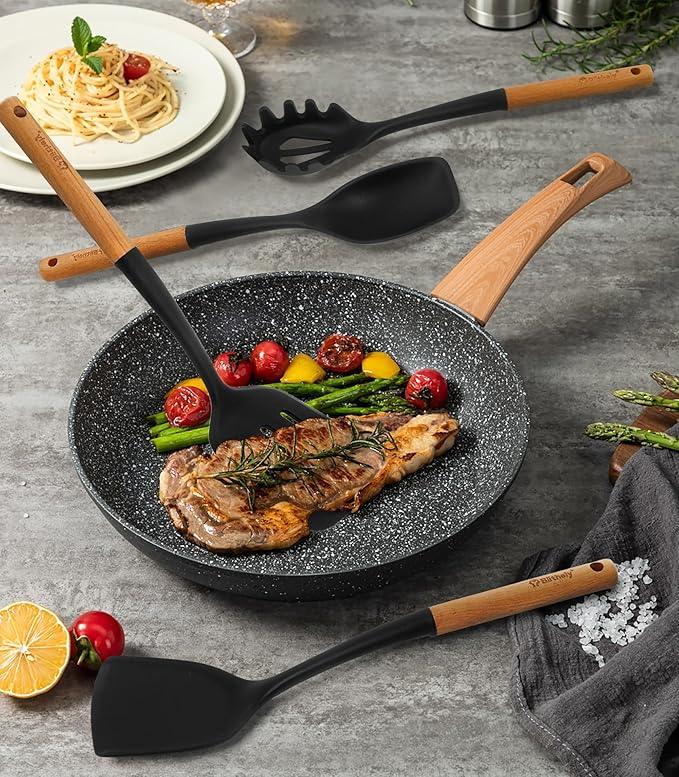 Silicone Cooking Utensils Set, 6 Pack Large Kitchen Utensils Set with Wooden Handle, Heat Resistant Silicone Utensil Spatula Set for Nonstick Cookware, Spatula, Turner, Spoon, Ladle BPA Free (Black)