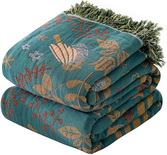 Boho Throw Blanket for Couch Sofa Bed, 100% Cotton Woven Quilt with Tassel 90”x98”, Super Soft Muslin Blanket with Bird Printed, Decorative Reversible Bed Blanket/Cover for All Seasons
