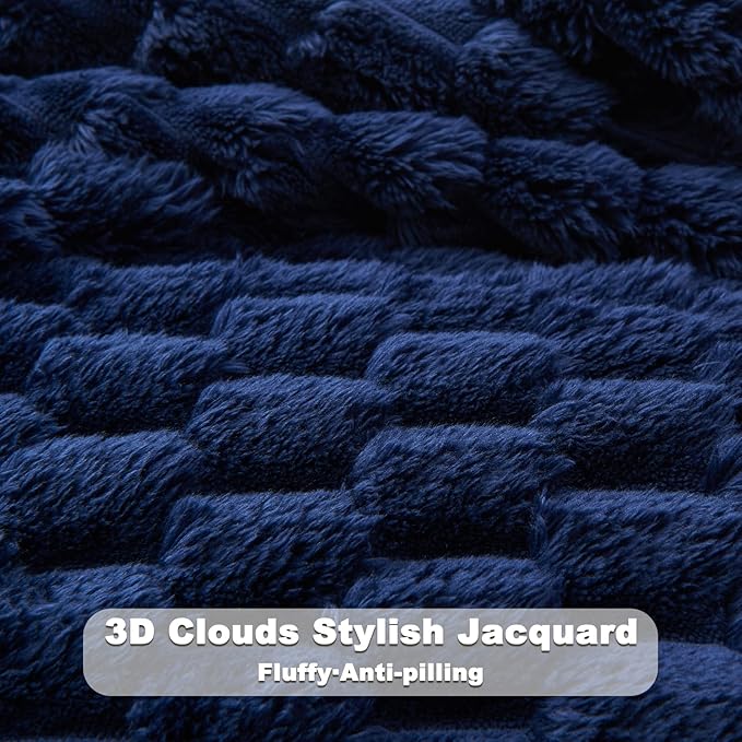 NEWCOSPLAY Super Soft King Blanket Dark Navy Premium Silky Flannel Fleece 3D Clouds Stylish Jacquard Lightweight Bed Blanket All Season Use 350GSM (Dark Navy, King(90