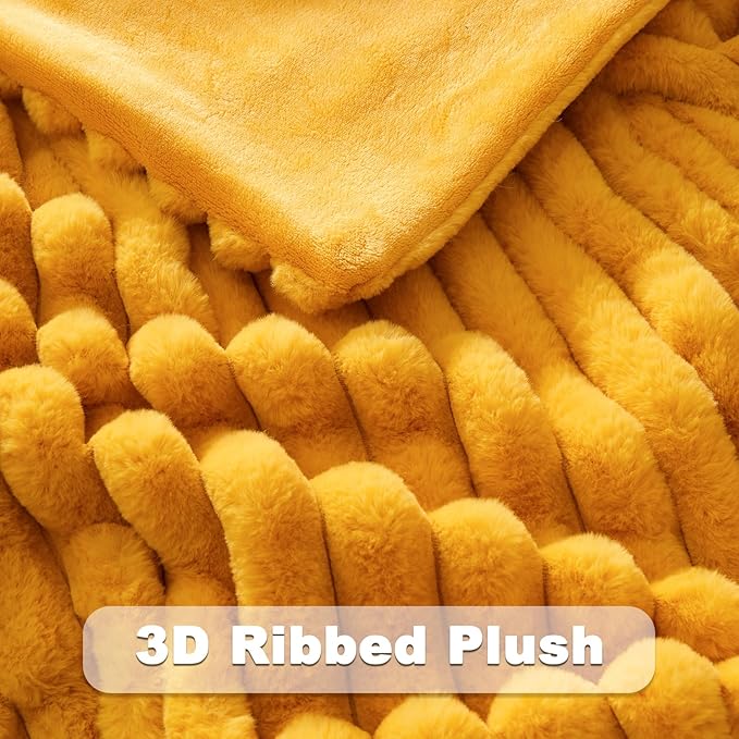 NEWCOSPLAY Faux Fur Throw Blanket Mustard Yellow 3D Ribbed Plush Thick Warm Blanket for Couch Sofa Bed 850GSM (Mustard Yellow Ribbed, Throw(50