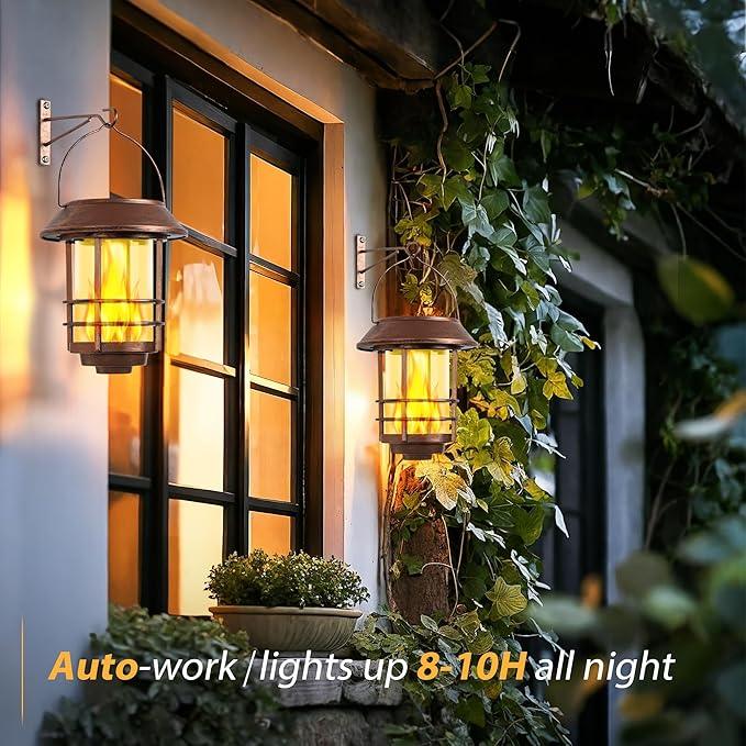 Otdair Solar Wall Lantern Outdoor, Flickering Flames Sconce Lights, Hanging Solar Lamps Wall Mount for Front Porch, Patio and Yard, 2 Pack, Bronze