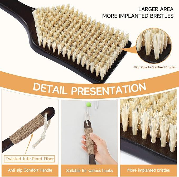 Back Scrubber Shower Brush,Dry Brushing Body Brush with 17.7 Inch Curved Long Handle, Natural Bristles for Lymphatic Drainage, Soft & Stiff Bristles Available (Medium-Soft Horsehair)
