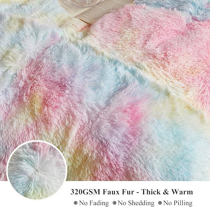 XeGe Plush Faux Fur Rainbow Throw, Tie Dye 50x60 Shaggy Furry Blanket, Fluffy Microfiber Velvet Couch Throw, Soft Colorful Fuzzy Lap Blanket for Girls Teens Women Kid Rainbow Print