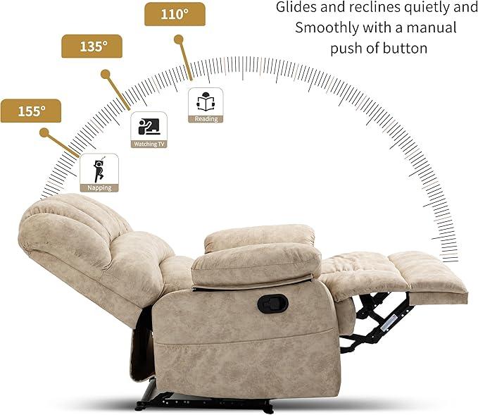 Luxlen Large Manual Recliner Chair,Soft Fabric Push Back Recliner with Overstuffed Armrest and Backrest, Living Room Single Sofa Recliners,Beige