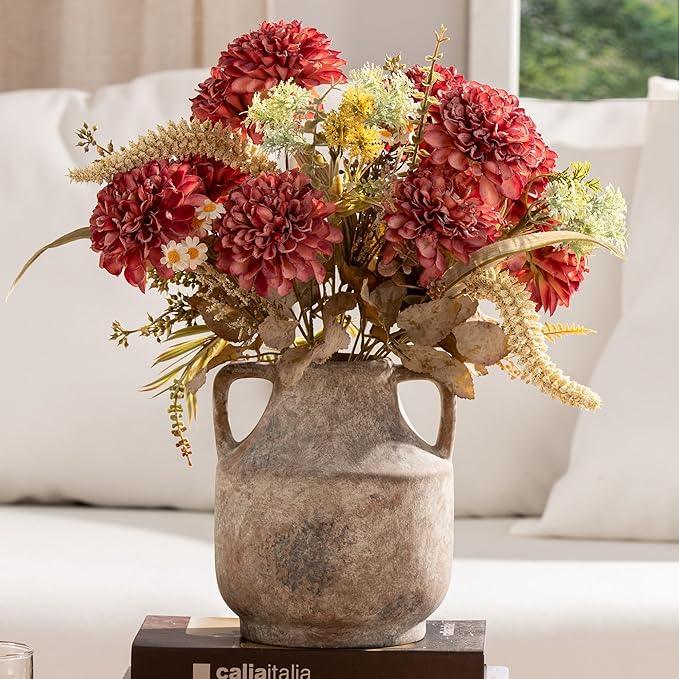 Mitt&Ditt Ceramic Flower Vase with Handles, 8 inch Tall Off-White Vase, Decorative Terracotta Vases, Farmhouse Rustic Pottery Vases for Home Decor, Living Room, Table