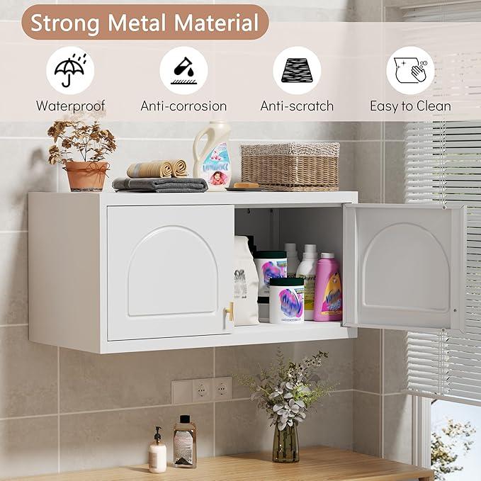Wall Cabinet with Doors, Small Hanging Cabinet for Kitchen Pantry, Metal Overhead Cabinets for Dining, Living Room, Bathroom, 16