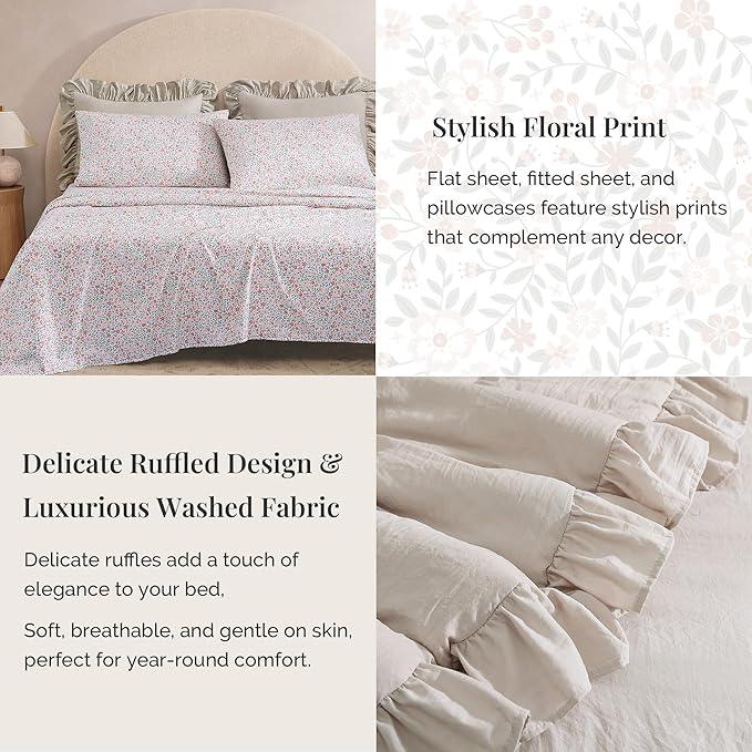 Full Comforter Set - 7 Pieces Ruffle Beige Bedding Sets, Shabby Chic Farmhouse Bed in a Bag Full with Ruffle Comforter, Floral Sheets, Pillowcases & Shams