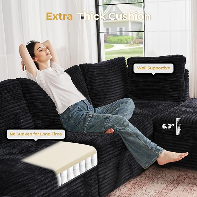 HOOOWOOO Modular Sectional Sofa,7 Pieces Sectional Couches for Living Room,131X98 U Shaped Cloud Couch Set(Black Velvet Corduroy)
