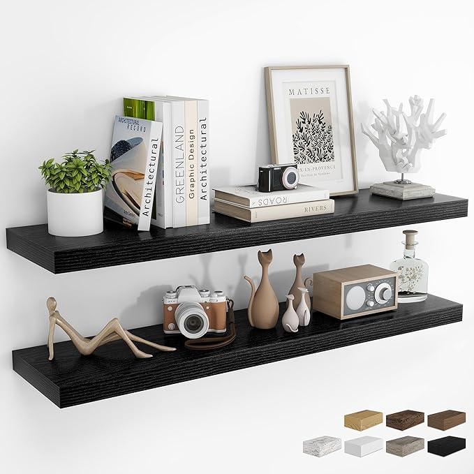 RICHFOCUS 48Inch Floating Shelves for Wall 2 Pack Shelves for Bedroom|Kitchen|Bathroom Wall Mounted Rustic Wood Floating Shelf with Invisible Brackets for Books|Storage|Decor, Black
