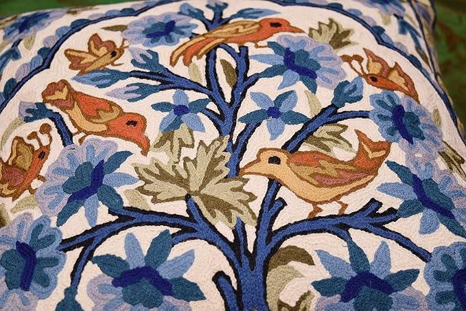 Blue Tree of Life Pillow Cover Blues Birds Floral Decorative Pillowcase Flower Outdoor Suzani Cushion Needlepoint Hand Embroidered Wool Size - 18x18