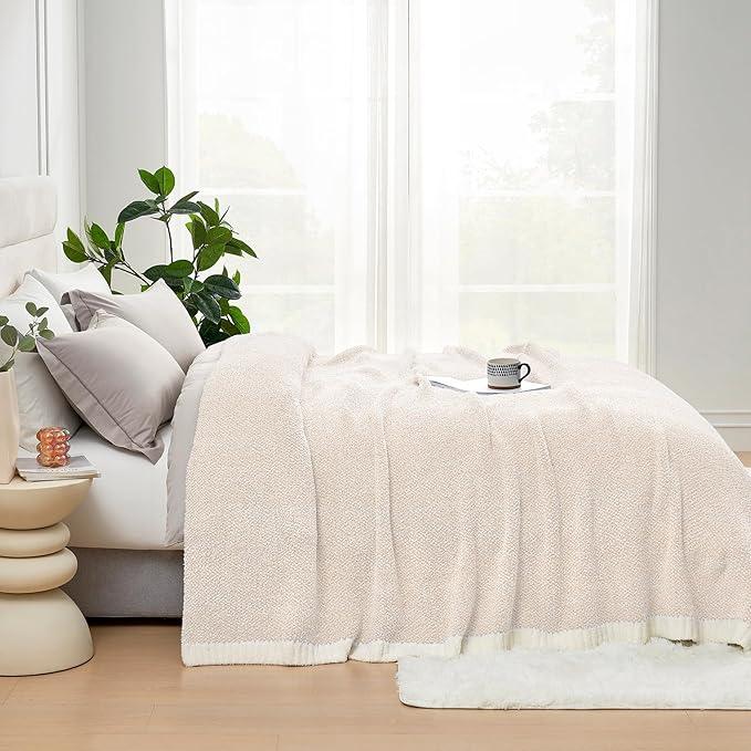 Snuggle Sac Queen Size Oversized Super Soft Bed Blanket - Warm & Cozy Knit Fuzzy Microfiber Blankets in Heather Ivory, 90 x 90