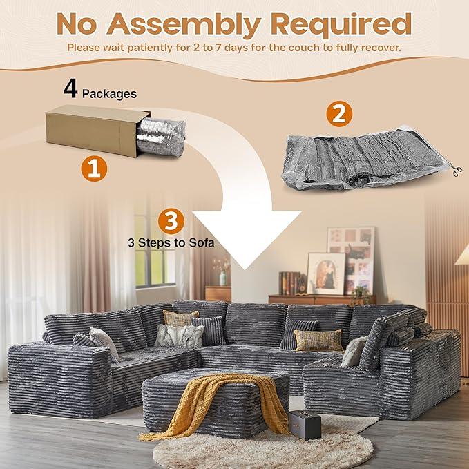 Cloud Sectional Couches for Living Room,U Shaped Modular Sofas No Assembly,135x100 Inches Plush Corduroy Oversized Floor Couch Set with Deep Seat Chaise,Grey