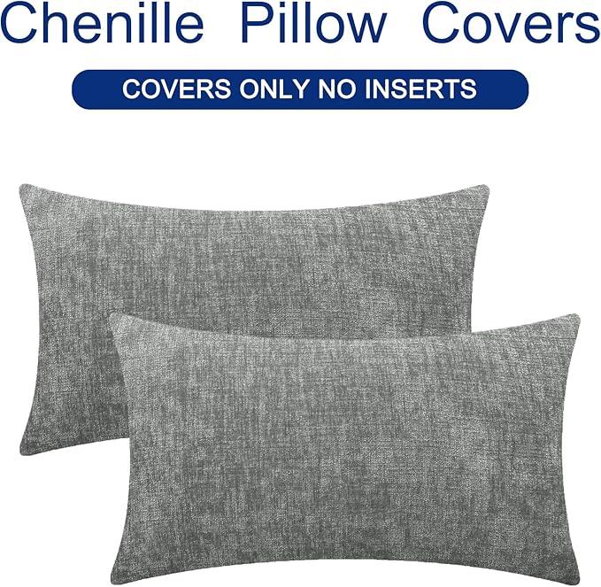 CaliTime Throw Pillow Covers Decorative 16 X 26 Inches Pack of 2 Cozy Chenille Cushion Cases for Couch Sofa Bed Living Room Home Medium Grey