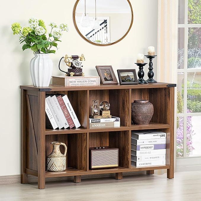 Farmhouse 6 Cube Book Shelf, Wood 3 Tier Storage Organizer Bookshelf, Brown Walnut 47