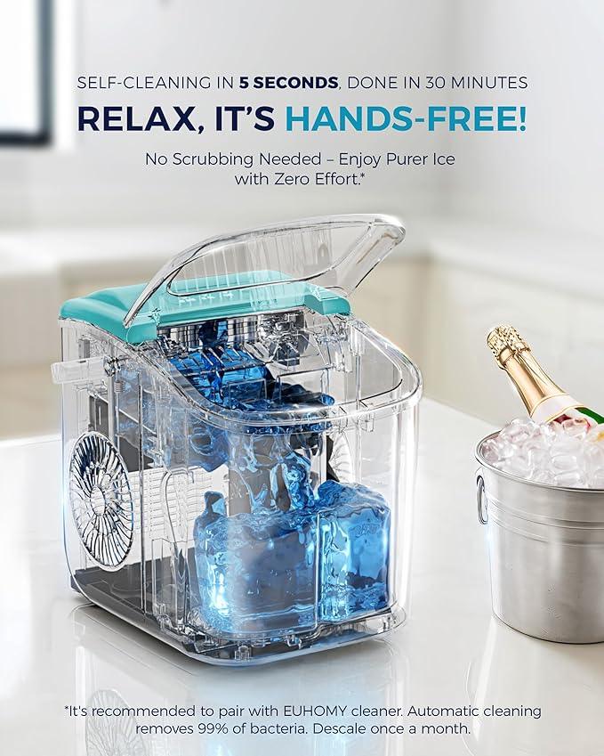 EUHOMY Countertop Ice Maker Machine with Handle, 26lbs Per Day, 9 Ice Cubes Ready in 6 Mins, Auto-Cleaning Portable Ice Maker with Basket and Scoop, for Home/Kitchen/Camping/RV (Green)