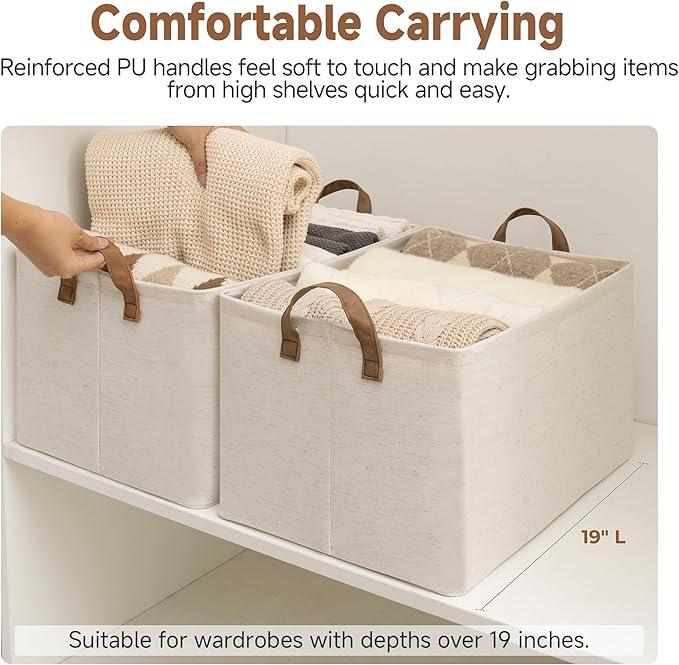 StorageWorks Storage Bins, Shelves Baskets for Organizing, 45L Extra Large Fabric Closet Organizers with Handles, Metal Frame, Beige（Cotton-linen）, 2-Pack