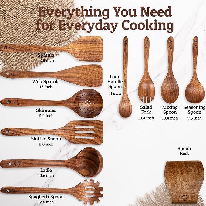 PriorityChef Premium Wooden Spoons for Cooking - 10pc with Spoon Rest and Hanging Hooks, Smooth Finish Teak Wooden Utensil Set, Heat-Resistant & Nonstick Safe, Ideal for Gifting