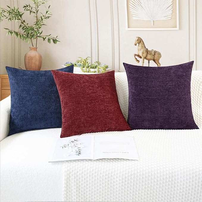 CaliTime Throw Pillow Covers Decorative 24 X 24 Inches Pack of 2 Cozy Chenille Cushion Cases for Couch Sofa Bed Living Room Home Plum Purple