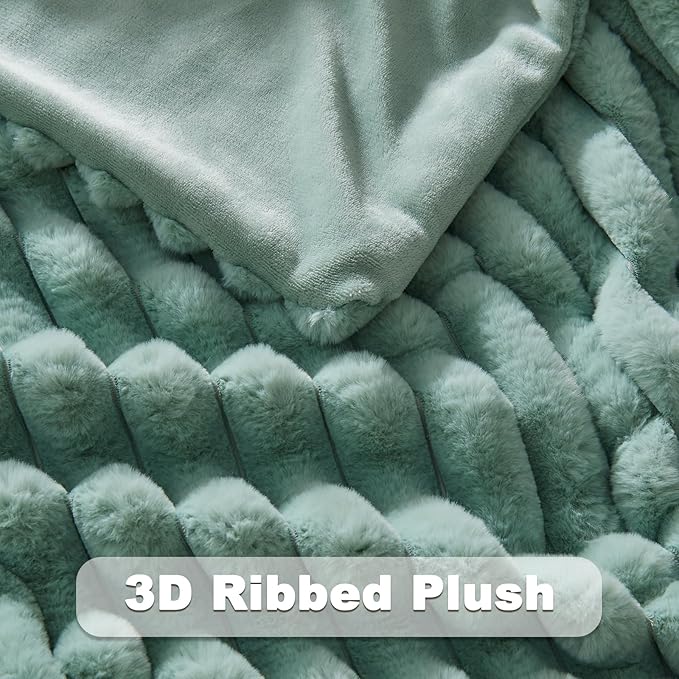 NEWCOSPLAY Faux Fur Twin Blanket New Sage Green 3D Ribbed Plush Thick Warm Blanket for Couch Sofa Bed 850GSM (New Sage Green Ribbed, Twin(60