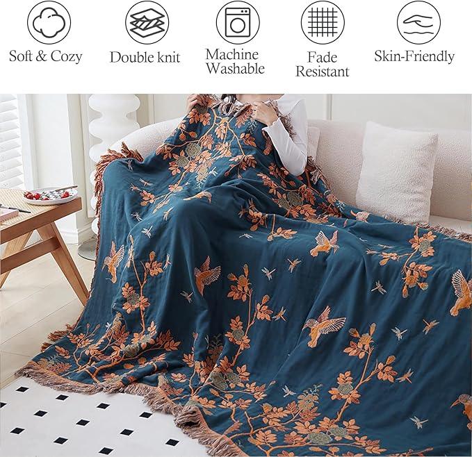 Snycler Boho Throw Blanket for Bed, 100% Organic Cotton Muslin Soft Throw-Floral Bird Farmhouse Rustic Spring Summer Fall Decor Blanket for Couch Sofa Quilt and Gift, 80