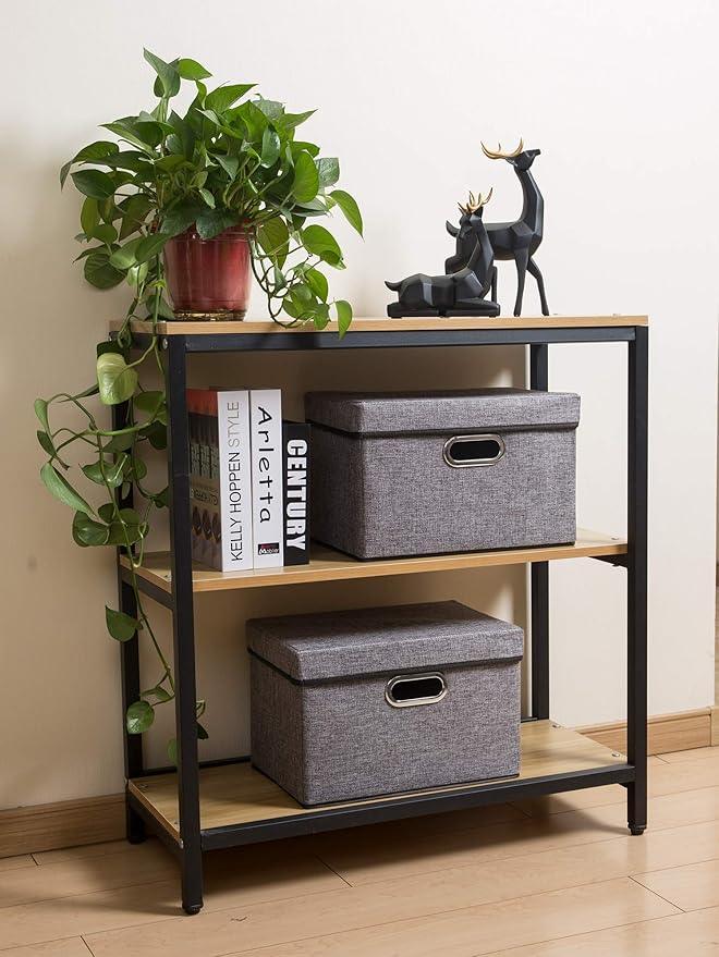 PRANDOM Foldable Storage Boxes with Lids [3-Pack] Linen Fabric Collapsible Storage Bins Organizer Containers Baskets Cube with Cover for Home Bedroom Closet Office Nursery (14.9x9.8x9.8)