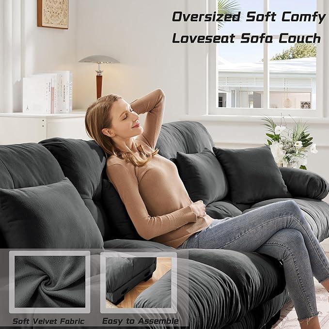 Modular Sectional Sofa Cloud Couch 4-Seater Deep Seat Sofa Couch, Oversized Couch Bed Sectional Couch with Round Bolster Armrests 6 Pillows, Modern Sofa Chair Comfy Couch(Gray)