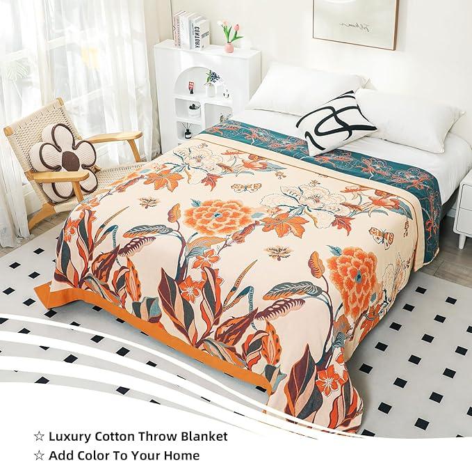 Boho Throw Blanket, 100% Organic Cotton Breathable Soft Lightweight All Season Rustic Bed Throw - Floral Bird Farmhouse Decor Blanket for Sofa Couch Chair Quilt and Gift. 60