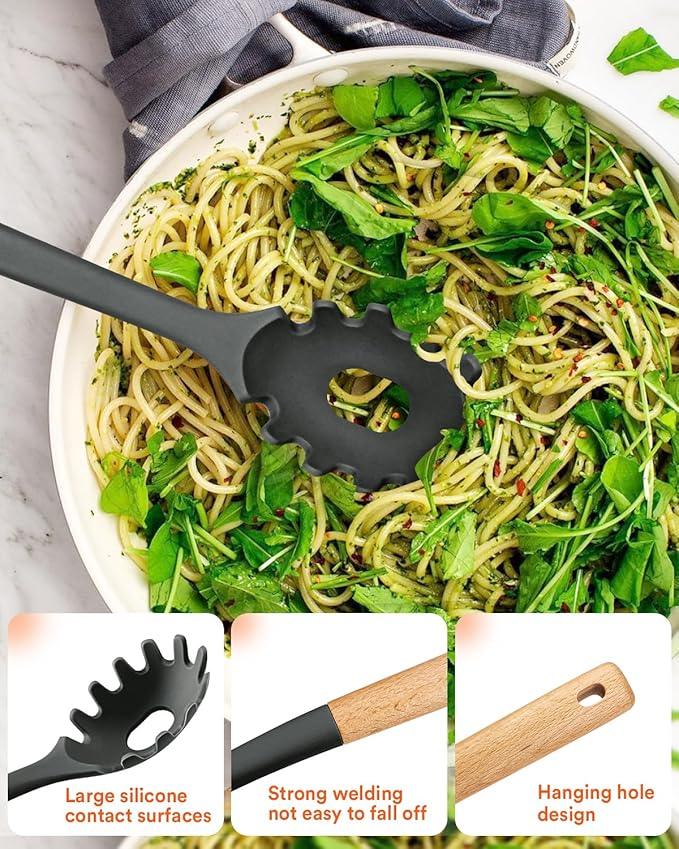 Kitchen Utensils Set, 13PCS Silicone Cooking Utensils, Heat Resistant Kitchen Utensil Spatula Set for Nonstick Cookware, Wooden Handles Kitchen Gadgets Tools Set