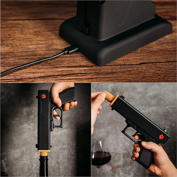 Electric Gun Wine Corkscrew Bottle Opener - Rechargeable Holster Base Cordless Battery - Automatically Open Wines - Multifunctional Electronic Cork Puller - Guns Enthusiasts Gift & Vino Lovers (Black)