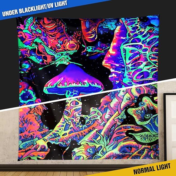 ADDWel Blacklight Mushroom Tapestry, Upright Tapestry Glow In The Dark, UV Reactive Black Light Tapestries Posters Wall Hanging for Backdrop Bedroom Dorm Living Room Decor(70
