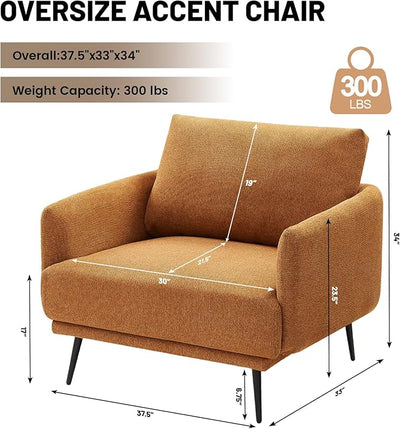 Oversized Accent Chair for Living Room Chairs Reading Arm Chair Comfy Modern Single Sofa Side Chairs with Metal Legs & Soft Cushion for Bedroom, Balcony,Waiting Room(Polyester, Caramel)