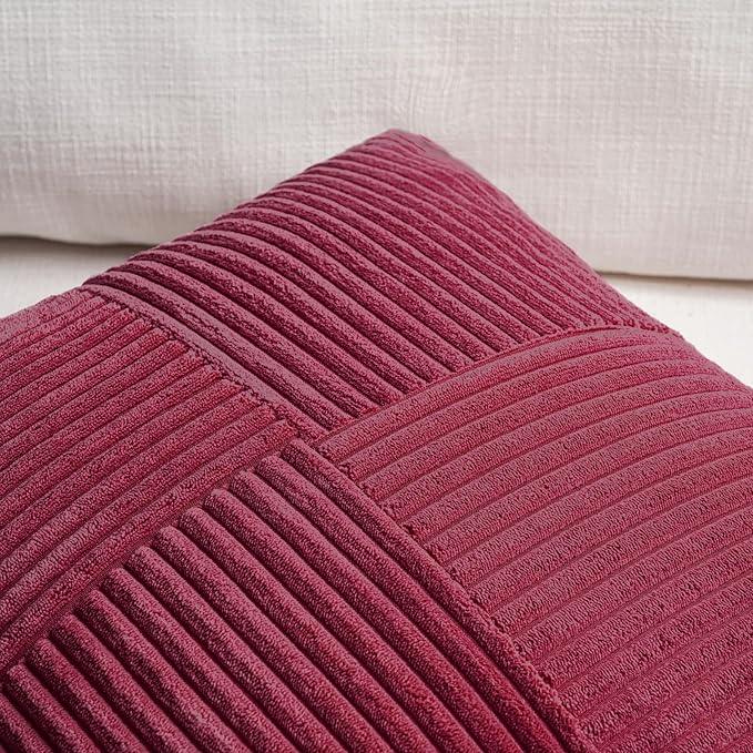 Fancy Homi 2 Packs Burgundy Big Decorative Throw Pillow Covers 24x24 Inch for Living Room Couch Bed Sofa, Rustic Farmhouse Boho Home Decor, Soft Corss Corduroy Patchwork Accent Cushion Case 60x60 cm