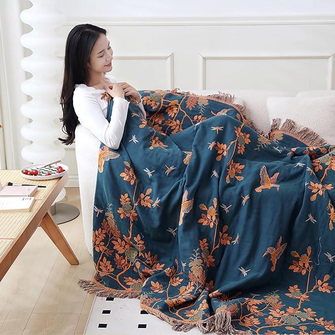 Snycler Boho Throw Blanket for Bed, 100% Organic Cotton Muslin Soft Throw-Floral Bird Farmhouse Rustic Spring Summer Fall Decor Blanket for Couch Sofa Quilt and Gift, 80