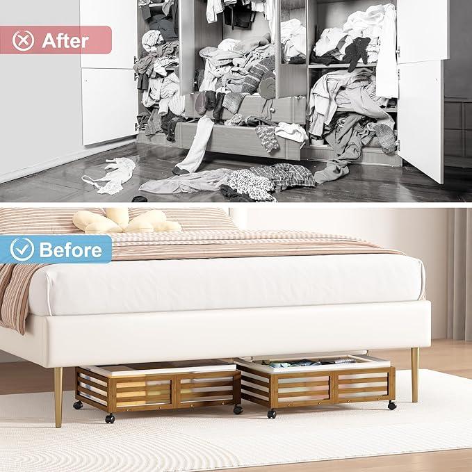 Under Bed Storage with Wheels-Large Bamboo Underbed storage Containers with Large Dust Bag Stackable Under the Bed Shoe Storage Bins for Clothes Books Bedding (2 Packs walnut, 23.62