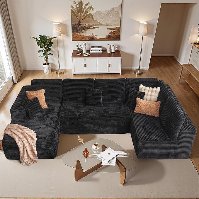Cloud Sectional Couches for Living Room,U Shaped Modular Sofas No Assembly,133x68 Inches Plush Corduroy Oversized Floor Couch Set with Deep Seat Chaise,Black