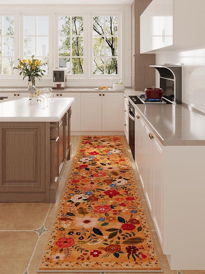 Runners for Hallways Kitchen Runner Rug Non Slip 2'x10' Long Washable Rugs with Rubber Backing Soft Floral Carpet Runner for Hallways, Kitchen, Laundry, Bedroom, Bathroom(Yellow)