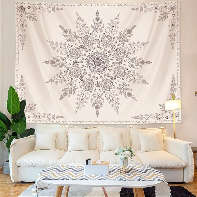 Lunerfex Boho Floral Tapestry Mandala Wall Tapestry, Cute Tapestries for Bedroom Beige Flower Tapestries Wall Hanging for Bedroom Living Room Decor Beige-2 70