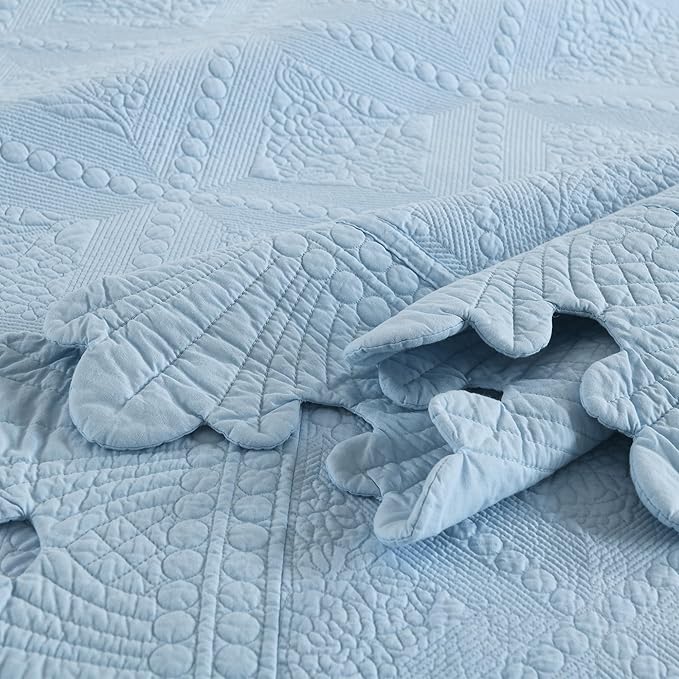 MarCielo 3-Piece 100% Cotton Oversized Bedspread Lightweight Quilt Coverlet Embroidery Farmhouse Bedding Set (TK Light Blue, Oversized King (118