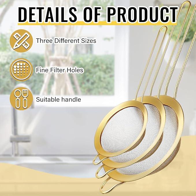 Norme 5 Quart Stainless Steel Gold Colander and 3 Pcs Gold Fine Mesh Strainer, Stainless Steel Pasta Rice Food Metal Strainer with Handles, Easy Clean and Dishwasher Safe