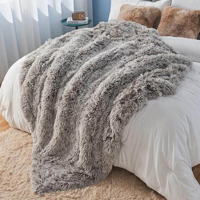 GONAAP Fuzzy Faux Fur Throw Blanket Frosty Grey Super Soft Cozy Plush Fuzzy Shaggy Blanket for Couch Sofa Bed (Frosty Grey, Throw(50
