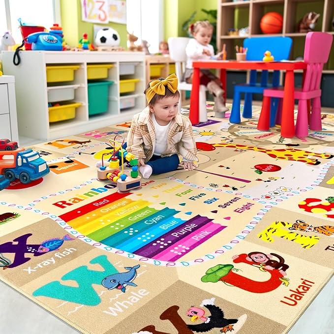 Kids Rugs for Playroom Washable, Educational and Fun Learning Rugs with ABC Alphabet Animals Shapes, Baby Toddler Children's Play Mat for Bedroom Classroom Nursery, 5x7 Feet, Beige and Pink