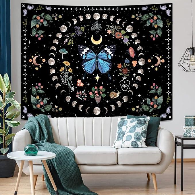 Aipon Blue Butterfly Moon Flower Tapestry Botanical Boho Plant Floral Wall Hanging for Bedroom and Living Room (36.00'' 48.00'', Blue)