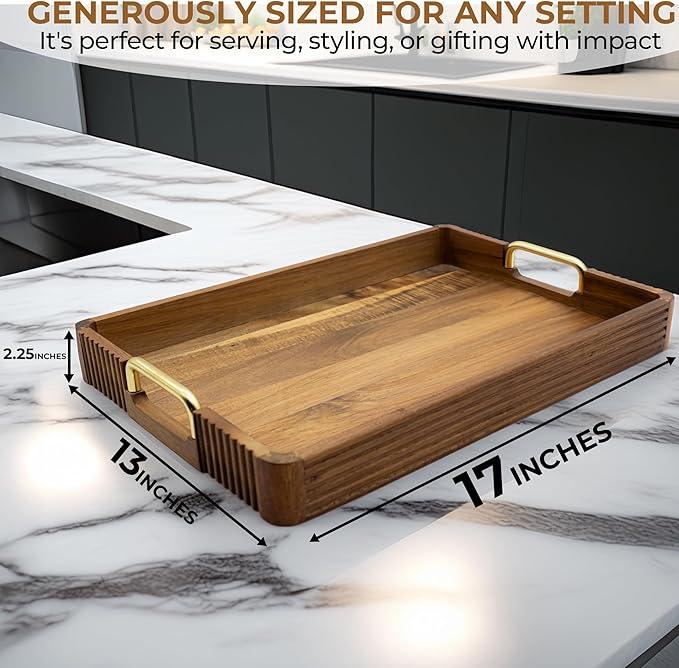 Acacia Wood Serving Tray with Metal Handles  – 17x12in Rustic Decorative Ottoman & Coffee Table Tray for Breakfast in Bed, Dinner, Bar, Kitchen, Home Décor & Entertaining