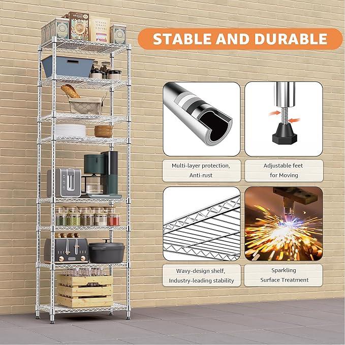 8 Tier 2000 lbs Storage Rack Metal Wire Shelving Unit, Storage Standing Shelf Organizer for Laundry Bathroom Kitchen Pantry Closet Garage Utility Room, Chrome 13.8