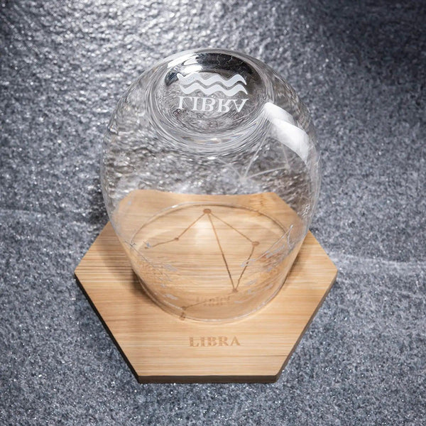 Set of 2 Zodiac Sign Wine Glasses with 2 Wooden Coasters by The Wine Savant - Astrology Drinking Glass Set with Etched Constellation Tumblers for Juice, Water Home Bar Horoscope Gifts 18oz (Libra)