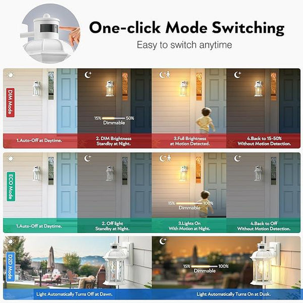 VIANIS White Motion Sensor Exterior Wall Light Lantern, Modern Dusk to Dawn Outdoor Porch Light Fixtures Wall Mount, Waterproof Outdoor Wall Sconce for Garage Entrance with Tempered Water-Ripple Glass